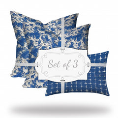 Set Of Three 20" X 20" Blue And White Blown Seam Coastal Throw Indoor Outdoor Pillow