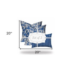 Set Of Three 20" X 20" Blue And White Blown Seam Coastal Throw Indoor Outdoor Pillow