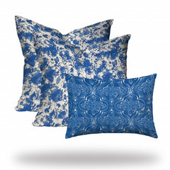 Set Of Three 20" X 20" Blue And White Blown Seam Coastal Throw Indoor Outdoor Pillow