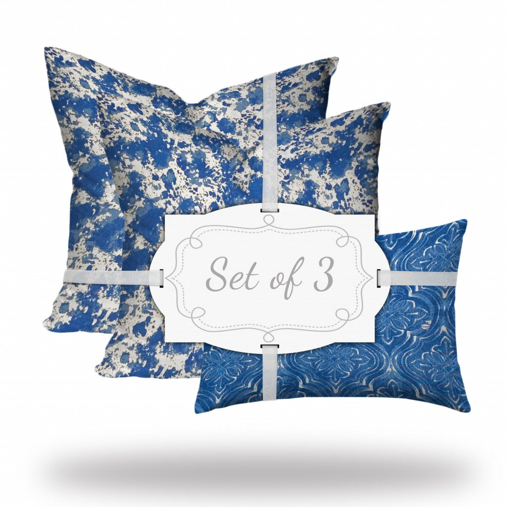 Set Of Three 20" X 20" Blue And White Blown Seam Coastal Throw Indoor Outdoor Pillow