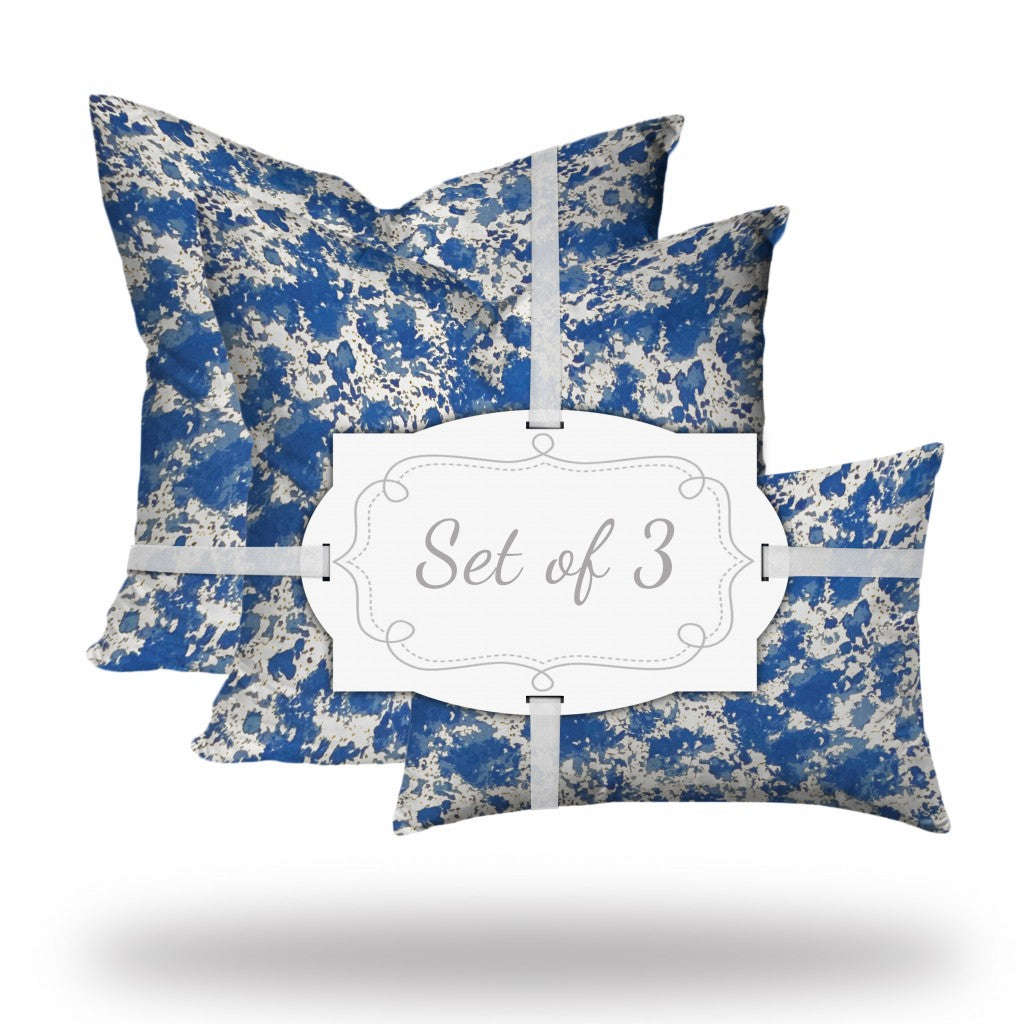 Set Of Three 20" X 20" Blue And White Blown Seam Coastal Throw Indoor Outdoor Pillow