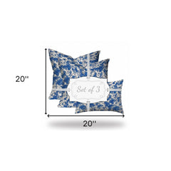 Set Of Three 20" X 20" Blue And White Blown Seam Coastal Throw Indoor Outdoor Pillow