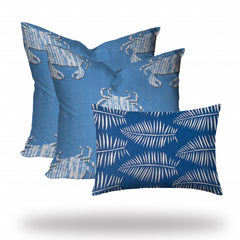 Set Of Three 20" X 20" Blue And White Crab Blown Seam Coastal Throw Indoor Outdoor Pillow