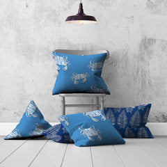 Set Of Three 20" X 20" Blue And White Crab Blown Seam Coastal Throw Indoor Outdoor Pillow