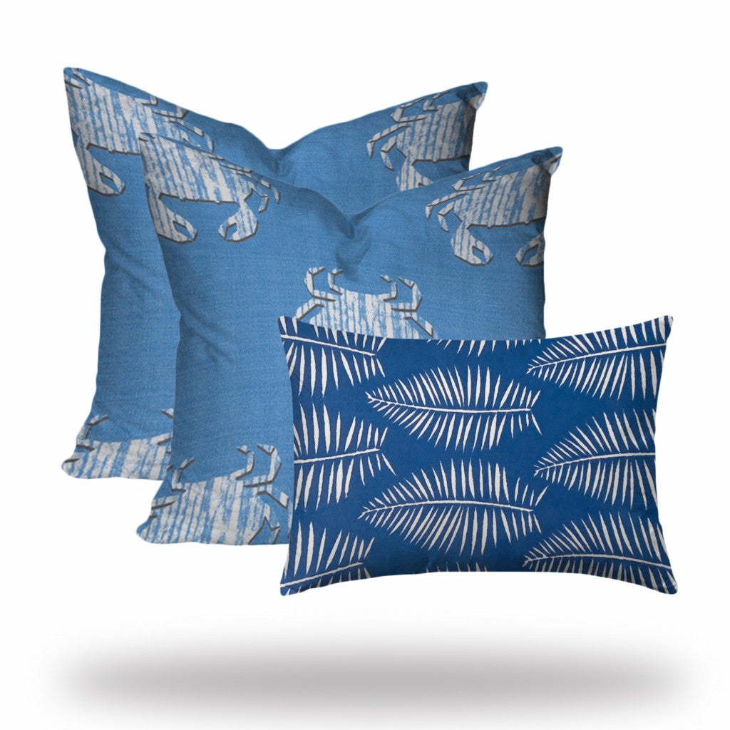 Set Of Three 20" X 20" Blue And White Crab Zippered Coastal Throw Indoor Outdoor Pillow