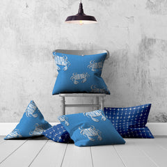 Set Of Three 20" X 20" Blue And White Crab Blown Seam Coastal Throw Indoor Outdoor Pillow