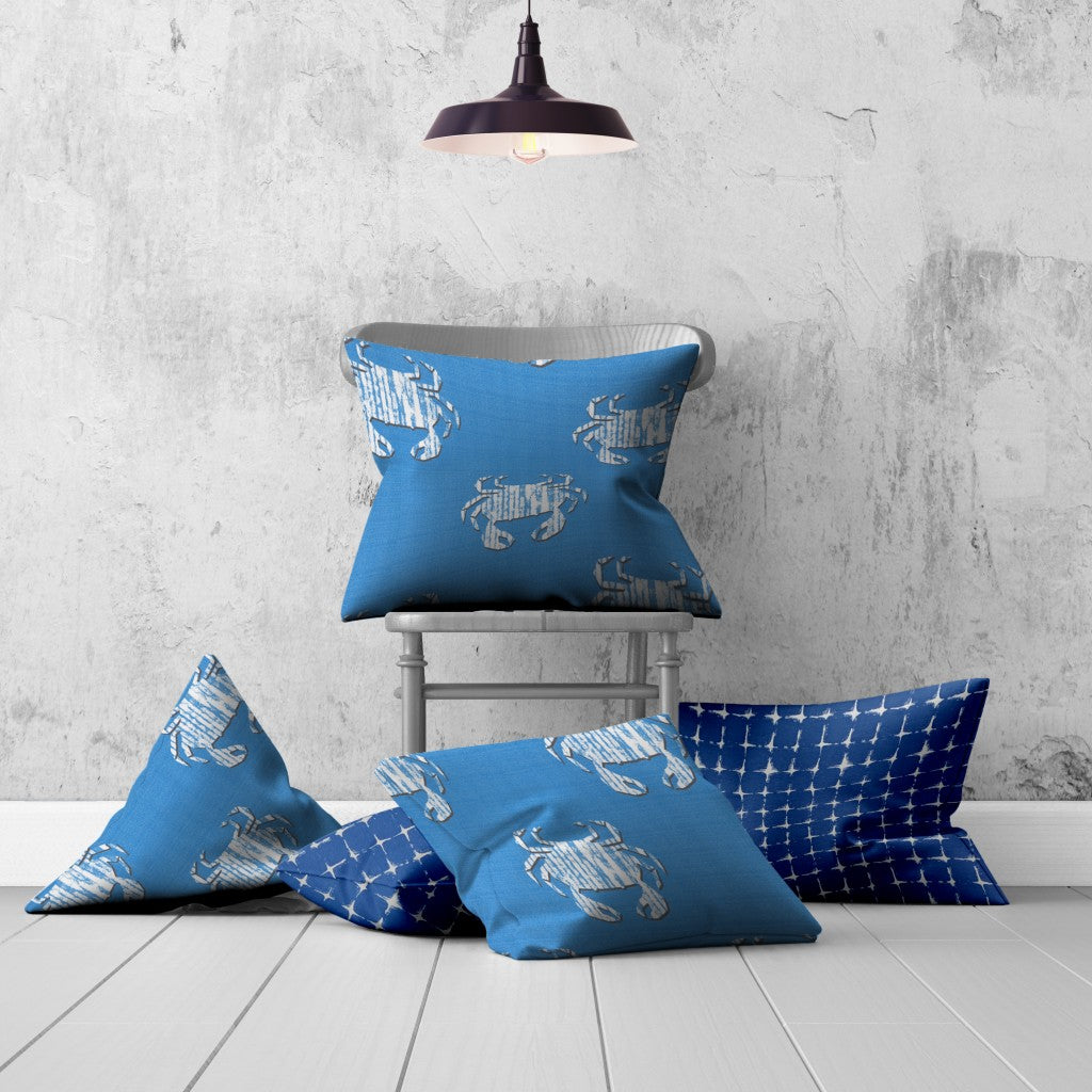 Set Of Three 20" X 20" Blue And White Crab Zippered Coastal Throw Indoor Outdoor Pillow