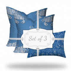 Set Of Three 20" X 20" Blue And White Crab Zippered Coastal Throw Indoor Outdoor Pillow