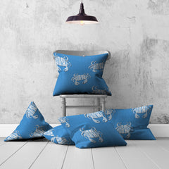 Set Of Three 20" X 20" Blue And White Crab Blown Seam Coastal Throw Indoor Outdoor Pillow