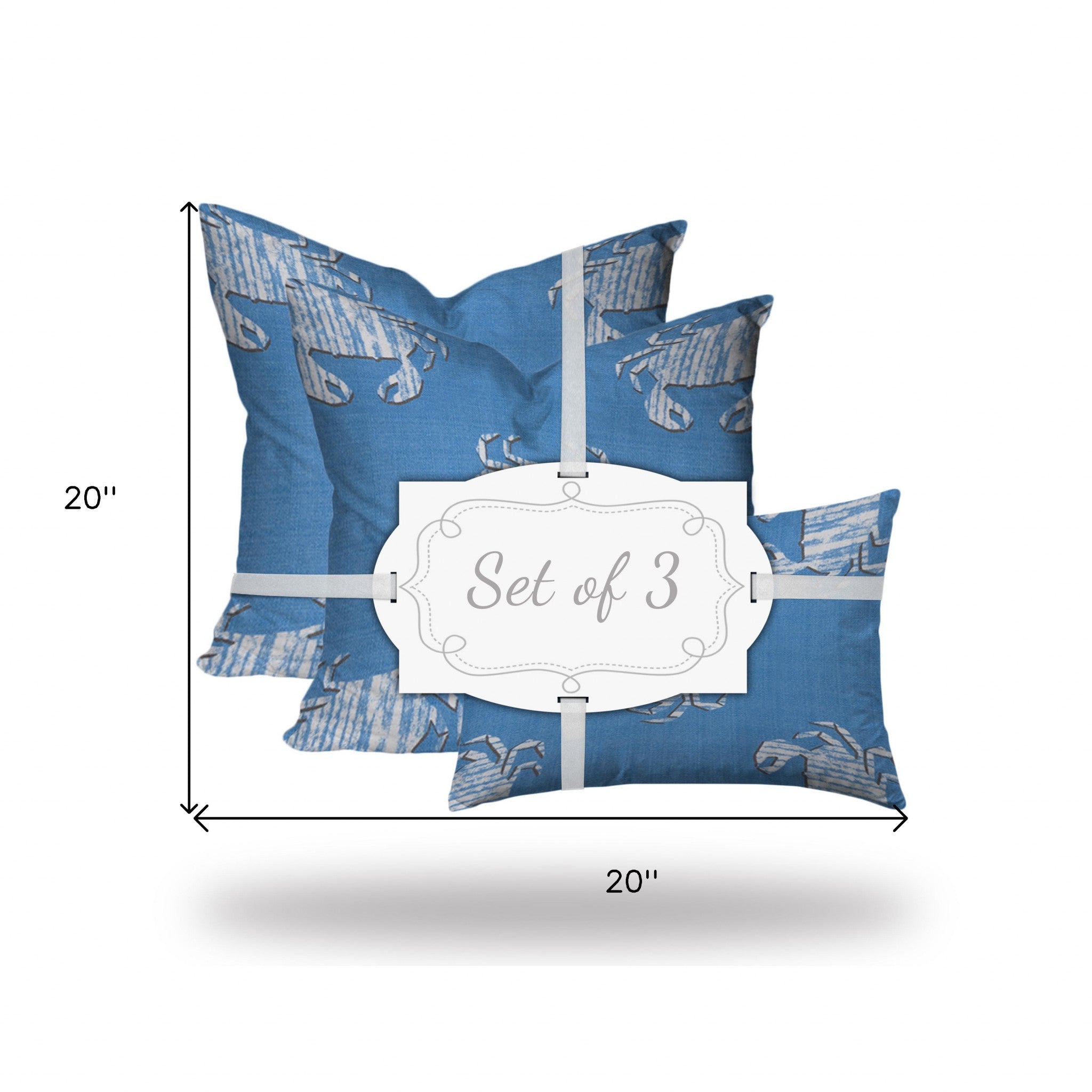 Set Of Three 20" X 20" Blue And White Crab Enveloped Coastal Throw Indoor Outdoor Pillow