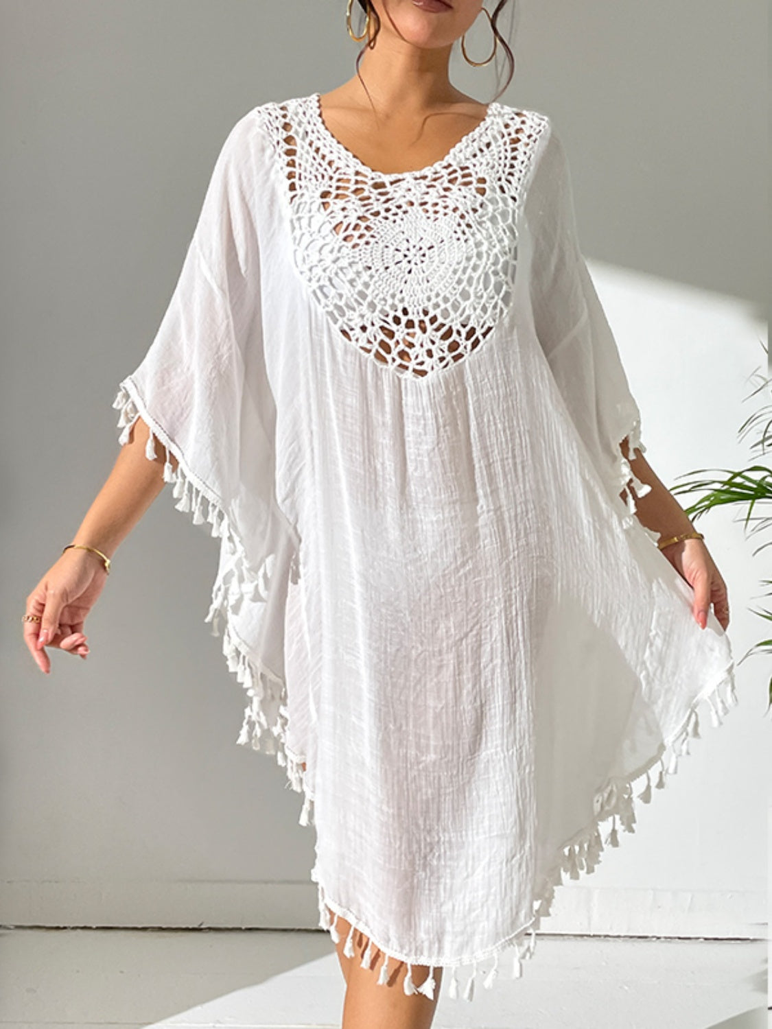 Tassel Cutout Scoop Neck Cover-Up Dress - Flyclothing LLC