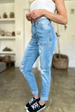 Judy Blue Full Size Distressed Straight Jeans with Patch Pockets - Trendsi