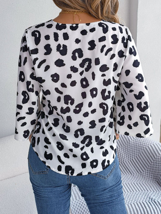 Tied Button Up Leopard V-Neck Blouse Trendsi