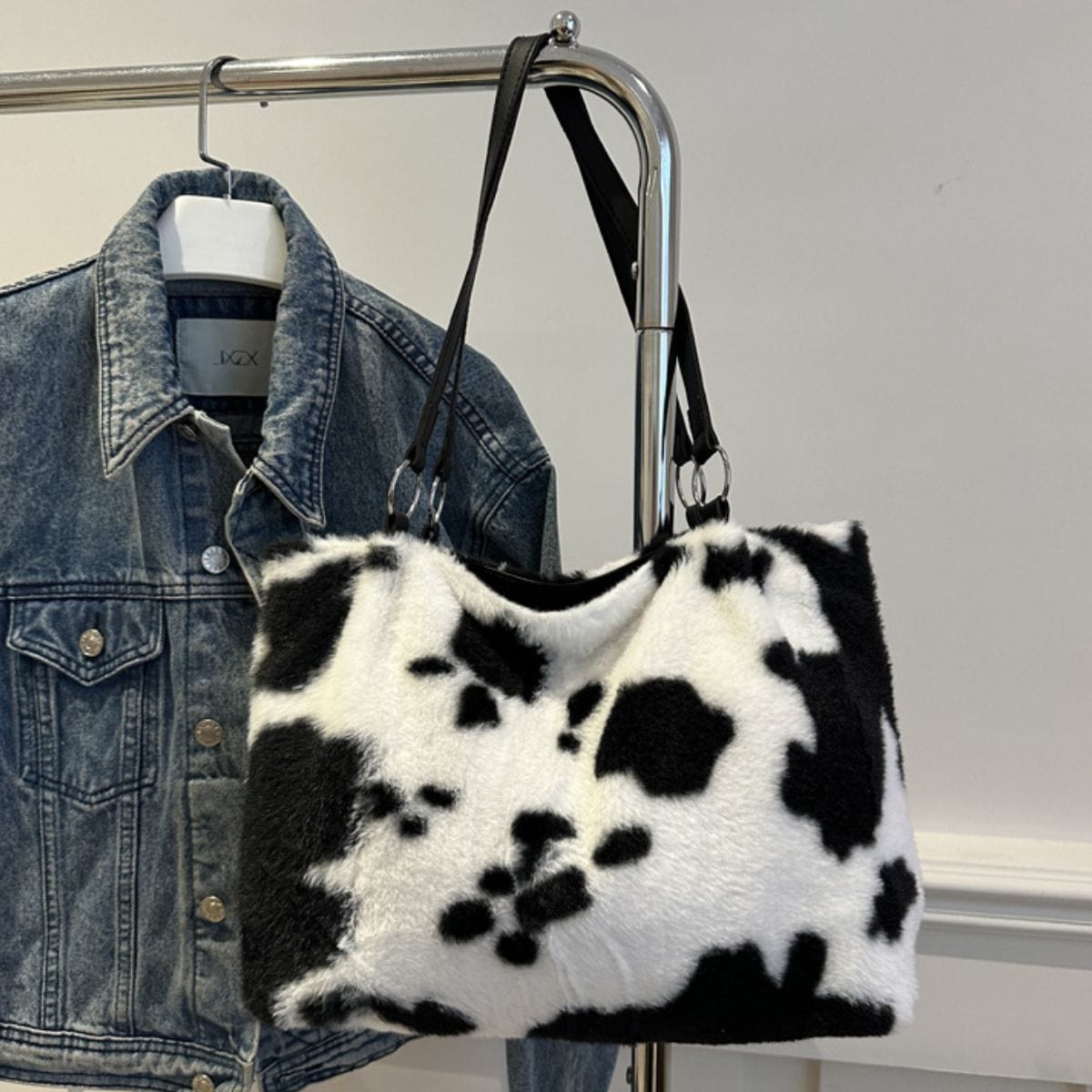 Cow Print Furry Tote Bag - Trendsi