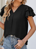 Ruffled V-Neck Cap Sleeve Blouse - Flyclothing LLC