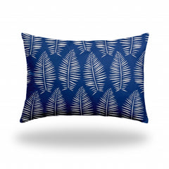 14" X 20" Blue And White Enveloped Tropical Lumbar Indoor Outdoor Pillow