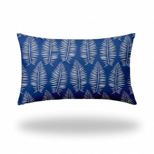 16" X 26" Blue And White Enveloped Tropical Lumbar Indoor Outdoor Pillow