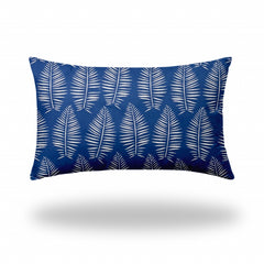 16" X 26" Blue And White Enveloped Tropical Lumbar Indoor Outdoor Pillow