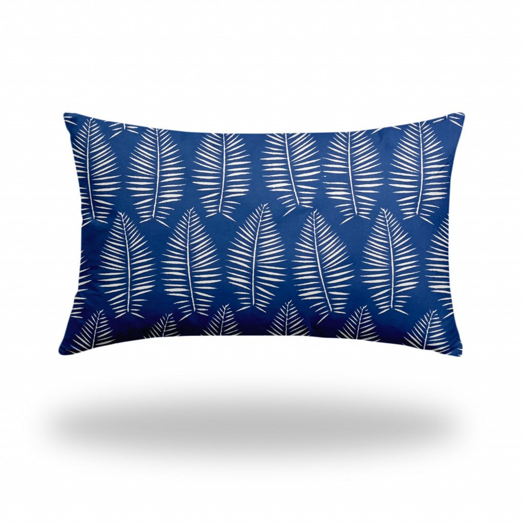 16" X 26" Blue And White Enveloped Tropical Lumbar Indoor Outdoor Pillow