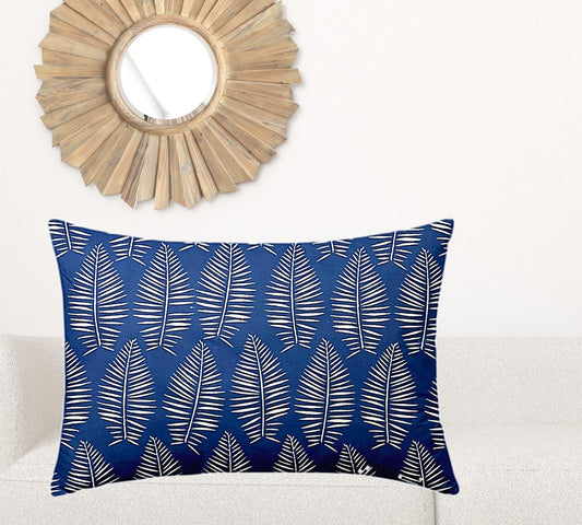 24" X 36" Blue And White Blown Seam Tropical Lumbar Indoor Outdoor Pillow