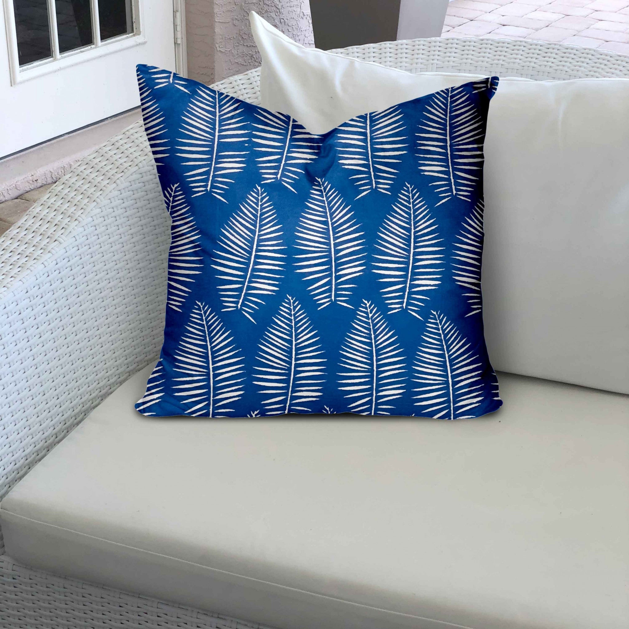 12" X 12" Blue And White Blown Seam Tropical Throw Indoor Outdoor Pillow