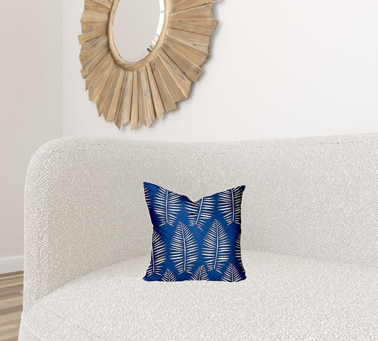 14" X 14" Blue And White Blown Seam Tropical Throw Indoor Outdoor Pillow