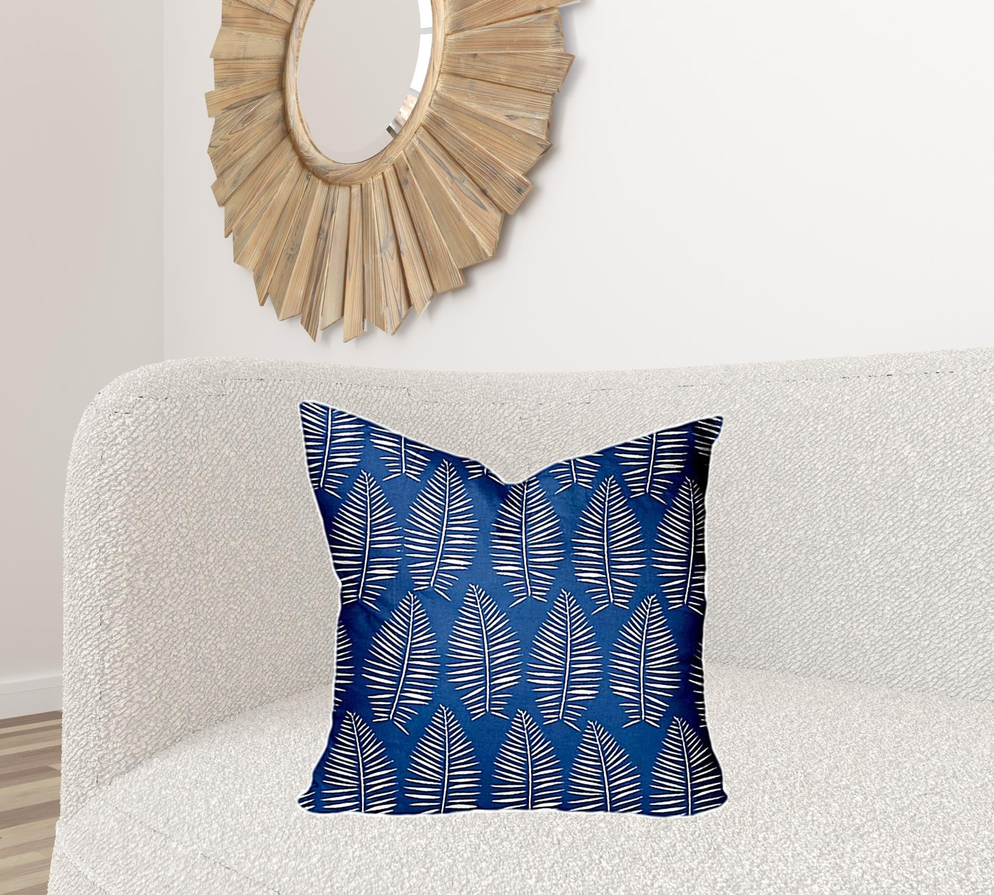 22" X 22" Blue And White Blown Seam Tropical Throw Indoor Outdoor Pillow