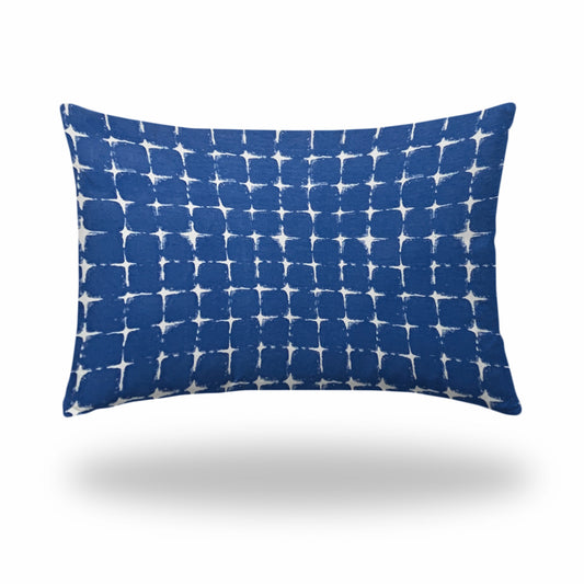 12" X 18" Blue And White Blown Seam Gingham Lumbar Indoor Outdoor Pillow