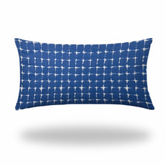 14" X 24" Blue And White Enveloped Gingham Lumbar Indoor Outdoor Pillow