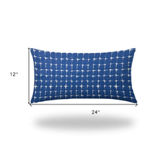 14" X 24" Blue And White Enveloped Gingham Lumbar Indoor Outdoor Pillow