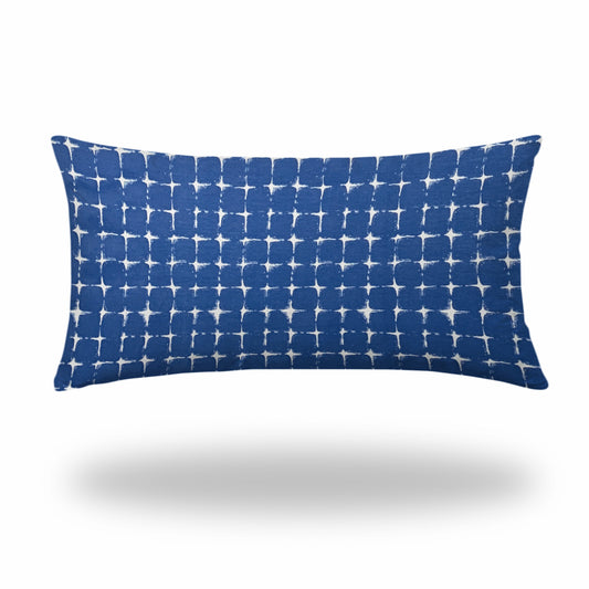 14" X 24" Blue And White Blown Seam Gingham Lumbar Indoor Outdoor Pillow