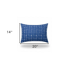 14" X 20" Blue And White Enveloped Gingham Lumbar Indoor Outdoor Pillow