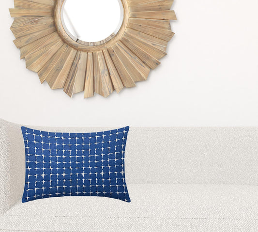 14" X 20" Blue And White Enveloped Gingham Lumbar Indoor Outdoor Pillow