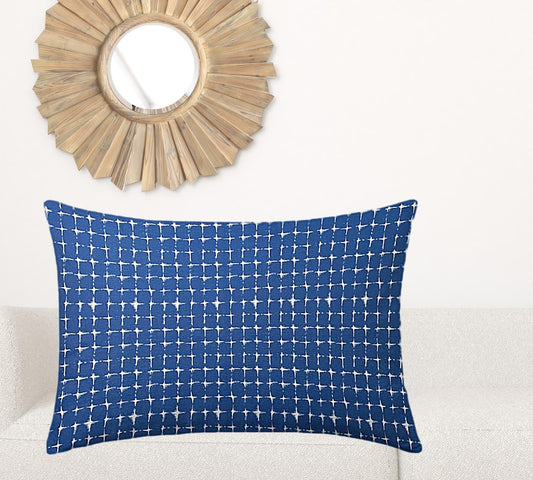 24" X 36" Blue And White Blown Seam Gingham Lumbar Indoor Outdoor Pillow