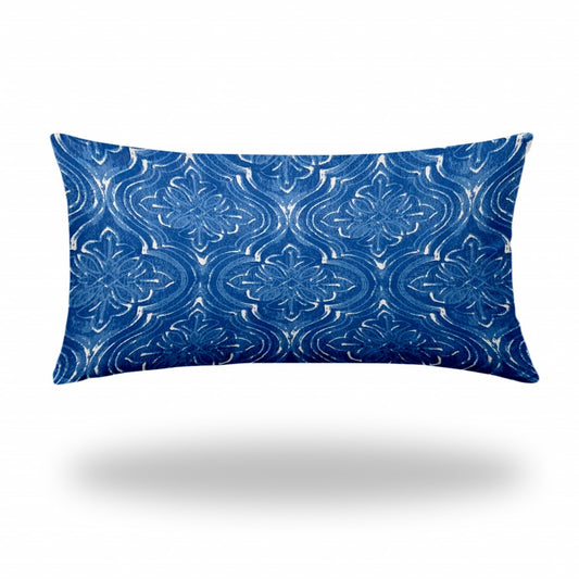 14" X 24" Blue And White Zippered Ikat Lumbar Indoor Outdoor Pillow