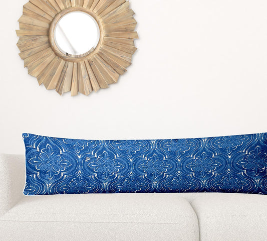 12" X 48" Blue And White Enveloped Ikat Lumbar Indoor Outdoor Pillow