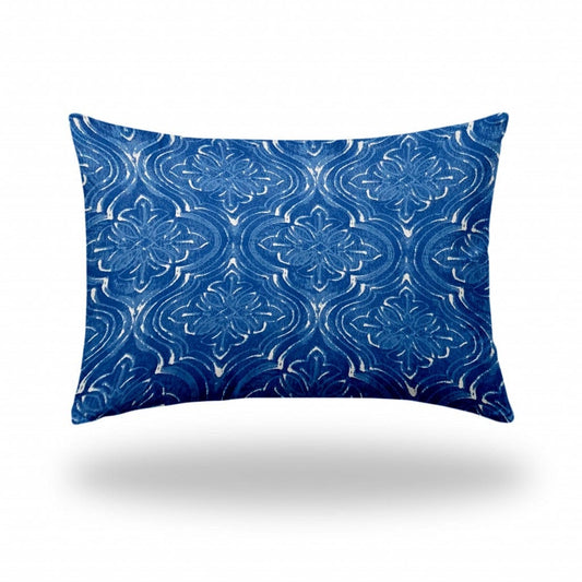 14" X 20" Blue And White Enveloped Ikat Lumbar Indoor Outdoor Pillow - Homeroots