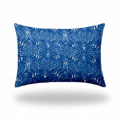 14" X 20" Blue And White Blown Seam Ikat Lumbar Indoor Outdoor Pillow