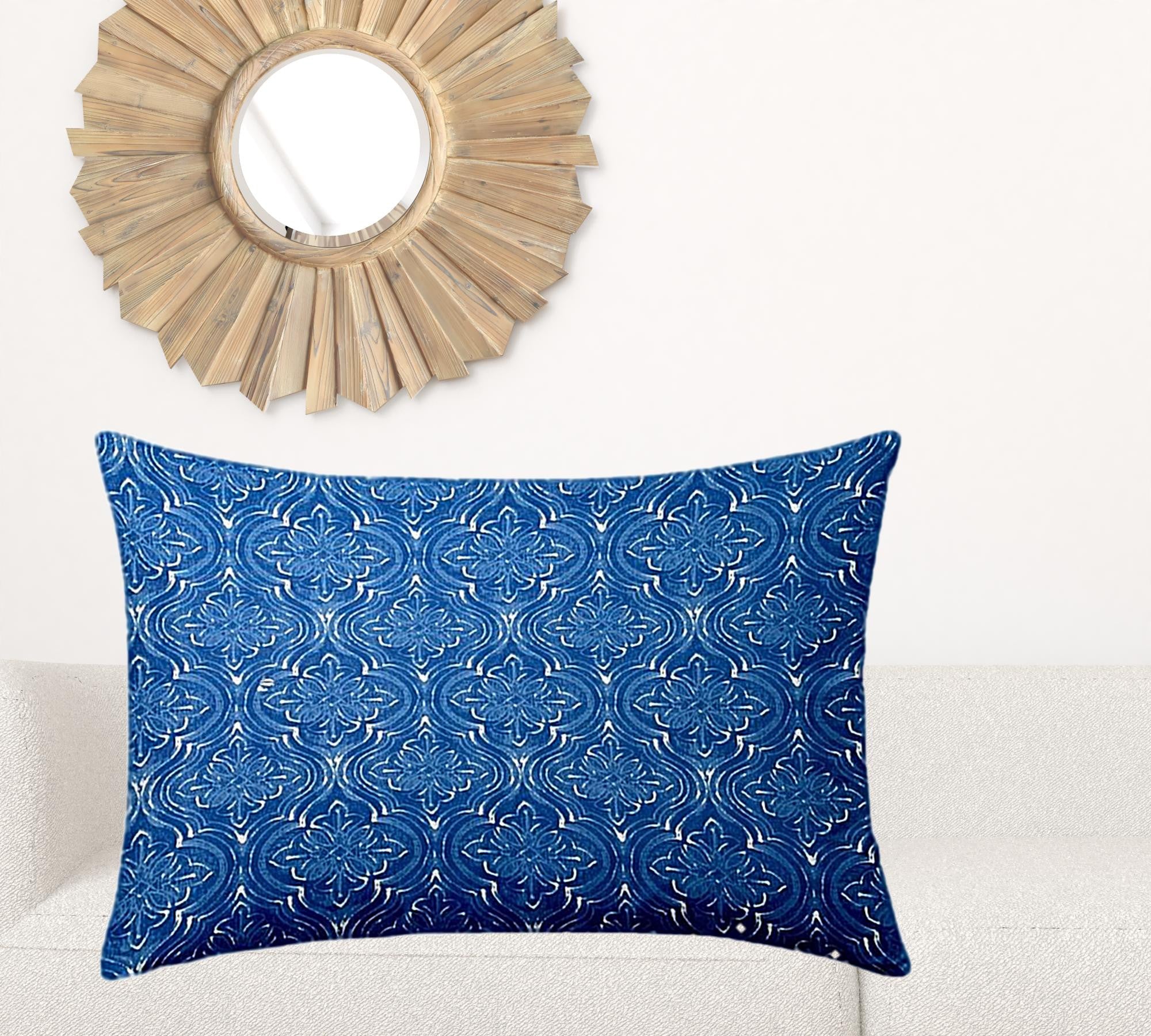 24" X 36" Blue And White Blown Seam Ikat Lumbar Indoor Outdoor Pillow