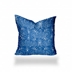 14" X 14" Blue And White Enveloped Ikat Throw Indoor Outdoor Pillow