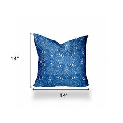 14" X 14" Blue And White Enveloped Ikat Throw Indoor Outdoor Pillow