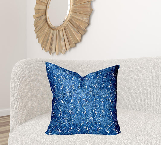 24" X 24" Blue And White Enveloped Ikat Throw Indoor Outdoor Pillow