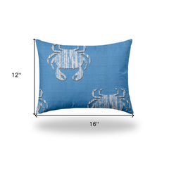 12" X 16" Blue And White Crab Blown Seam Coastal Lumbar Indoor Outdoor Pillow - Homeroots