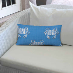 14" X 24" Blue And White Crab Blown Seam Coastal Lumbar Indoor Outdoor Pillow