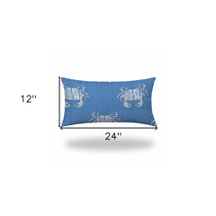 14" X 24" Blue And White Crab Blown Seam Coastal Lumbar Indoor Outdoor Pillow