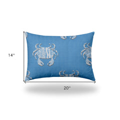 14" X 20" Blue And White Crab Blown Seam Coastal Lumbar Indoor Outdoor Pillow