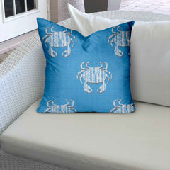 12" X 12" Blue And White Crab Enveloped Coastal Throw Indoor Outdoor Pillow - Homeroots