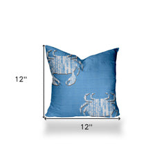 12" Blue and White Crab Crab Coastal Indoor Outdoor Throw Pillow