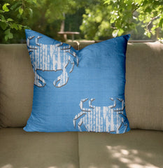 12" Blue and White Crab Crab Coastal Indoor Outdoor Throw Pillow