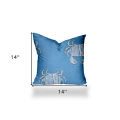 14" X 14" Blue And White Crab Enveloped Coastal Throw Indoor Outdoor Pillow